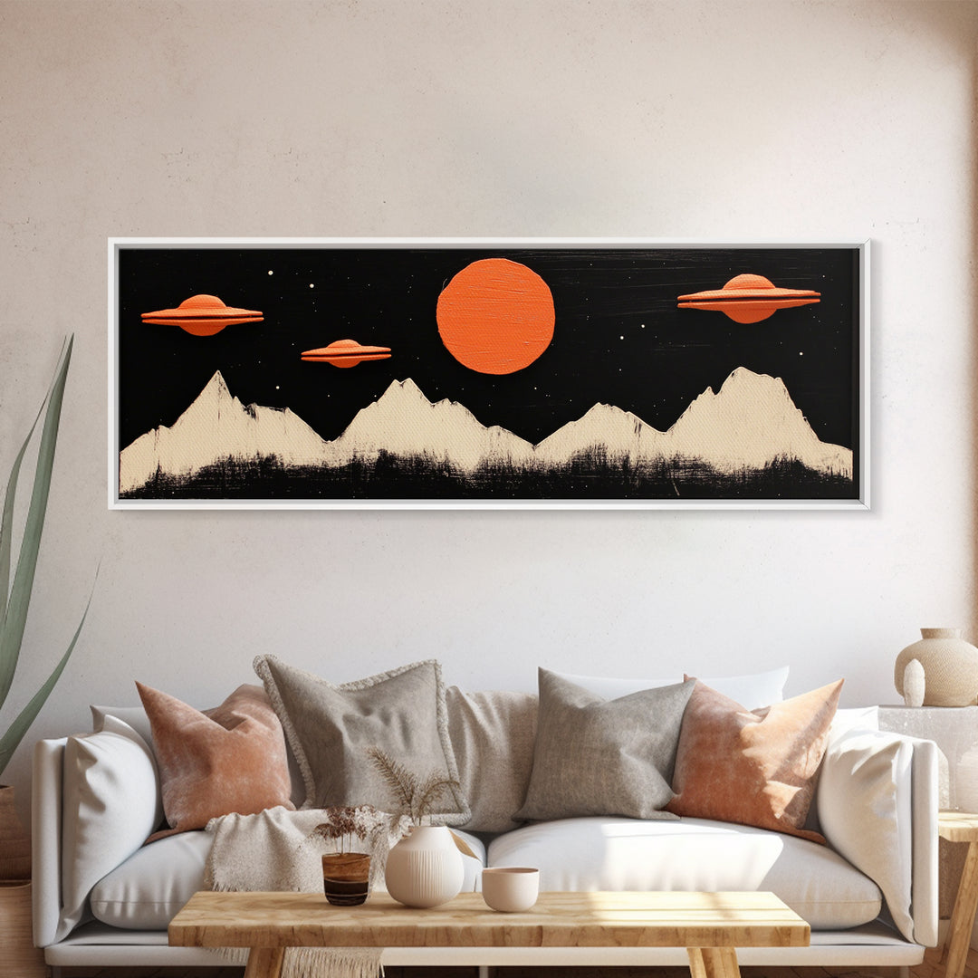 Cute  Nursery Decor - Boy's Room Wall Art - Panoramic Flying Saucers or UFOs Art Print - Framed Canvas