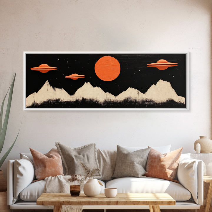 Cute  Nursery Decor - Boy's Room Wall Art - Panoramic Flying Saucers or UFOs Art Print - Framed Canvas