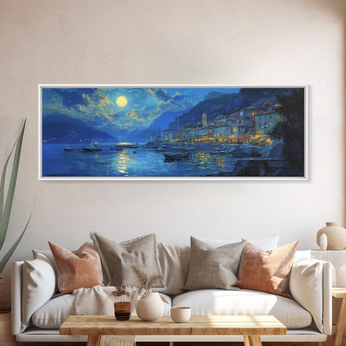 Midnight in Italy - Full Moon - Italian Oil Painting Canvas Print - Whimsical / Eclectic Landscape Painting - Minimalist Boho Home Decor