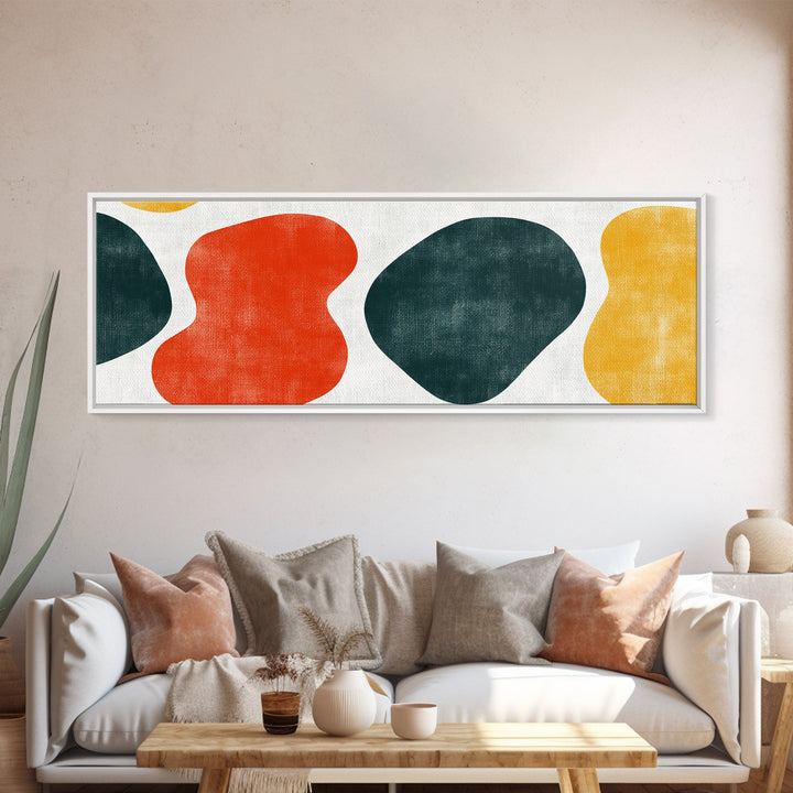 Navy Blue and Orange Splotches, Framed Canvas, Mid-Century Modern Abstract Wall Art, Wood Frame, Ready To Hang