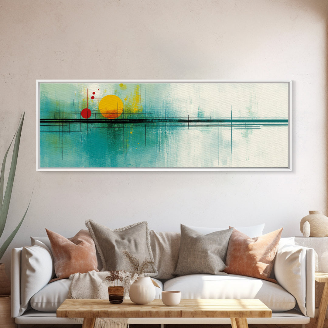 Abstract Sunset Painting Print, Panoramic Wall Art, MCM / Mid Century Modern Wall Art, Turquoise and Orange Sunset Painting, Cubism Sunset Art