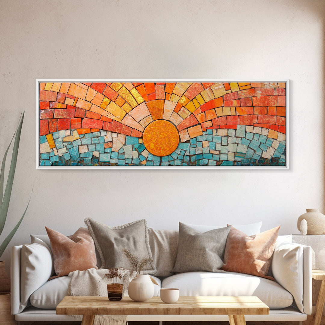 Panoramic Print - Sunset Mosaic Canvas Print - Wood Framed Wall Art - Horizontal Abstract Art - Large Wide Wall Art - Above Bed Decor Framed Canvas