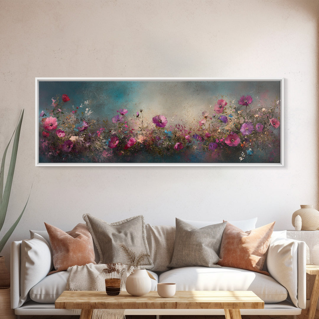 Abstract Pink Flower Painting Print, Wood Framed Wall Art, Flowers Wall Art, Vintage Landscape Wildflowers Painting