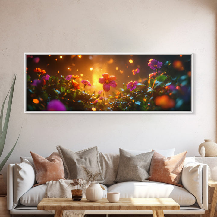 Beautiful 3D Rendered Flower Canvas Print, Wild Flowers In The Morning Dew at Sunset, Panoramic Extra Wide Wall Art