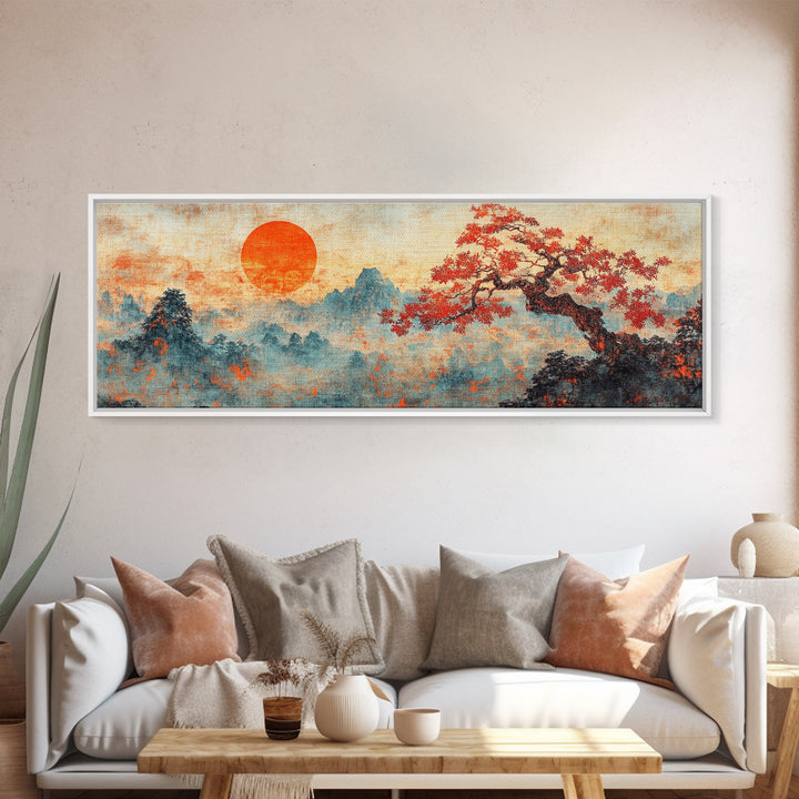 Maple Tree At Sunset With Red Leaves, Japanese Vintage Style Wall Art, Panoramic Painting Print, Woodblock Print, Boho Wall Decor