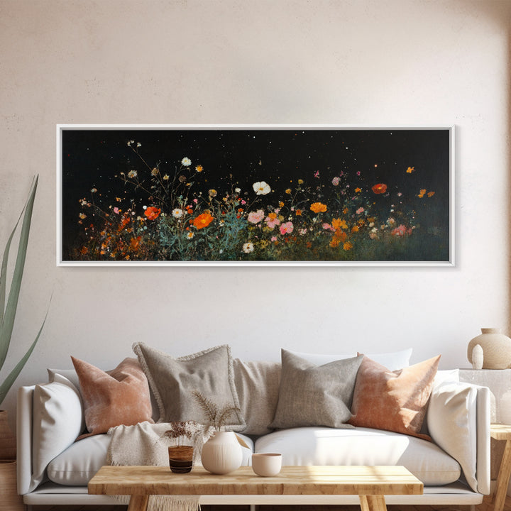 Dark & Moody Wild Flowers Under a Full Moon, Framed Canvas Print, Panoramic Extra Wide Wall Art, Oversized Home Decor