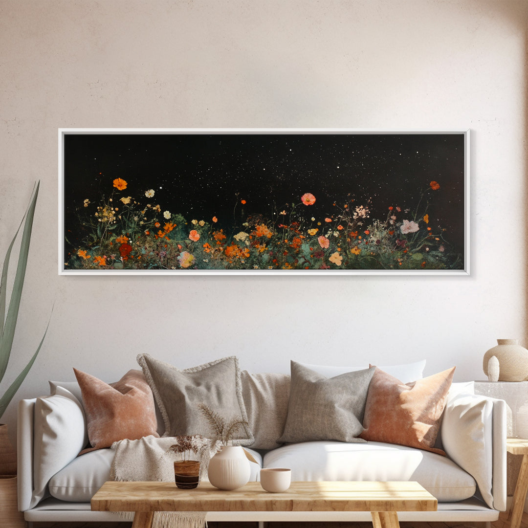 Bunch of Wild Flowers Under a Starry Night Sky, Boho Farmhouse, Eclectic Decor, Kitsch Wall Art, Modern Farmhouse Wall Art