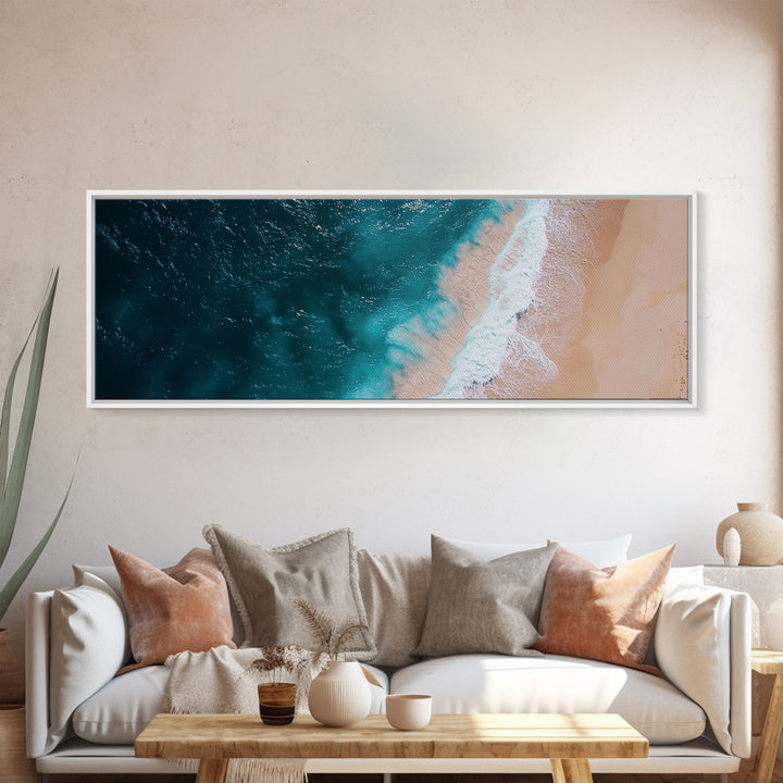Bird's Eye View Of The Beach, Framed Canvas Print, Nautical Seascapes Decor, Panoramic Extra Wide Wall Art