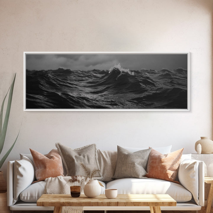 Black and White Ocean Photography Style Print, Panoramic Wall Art, Wood Framed Canvas Art, Seascapes, Nautical Decor