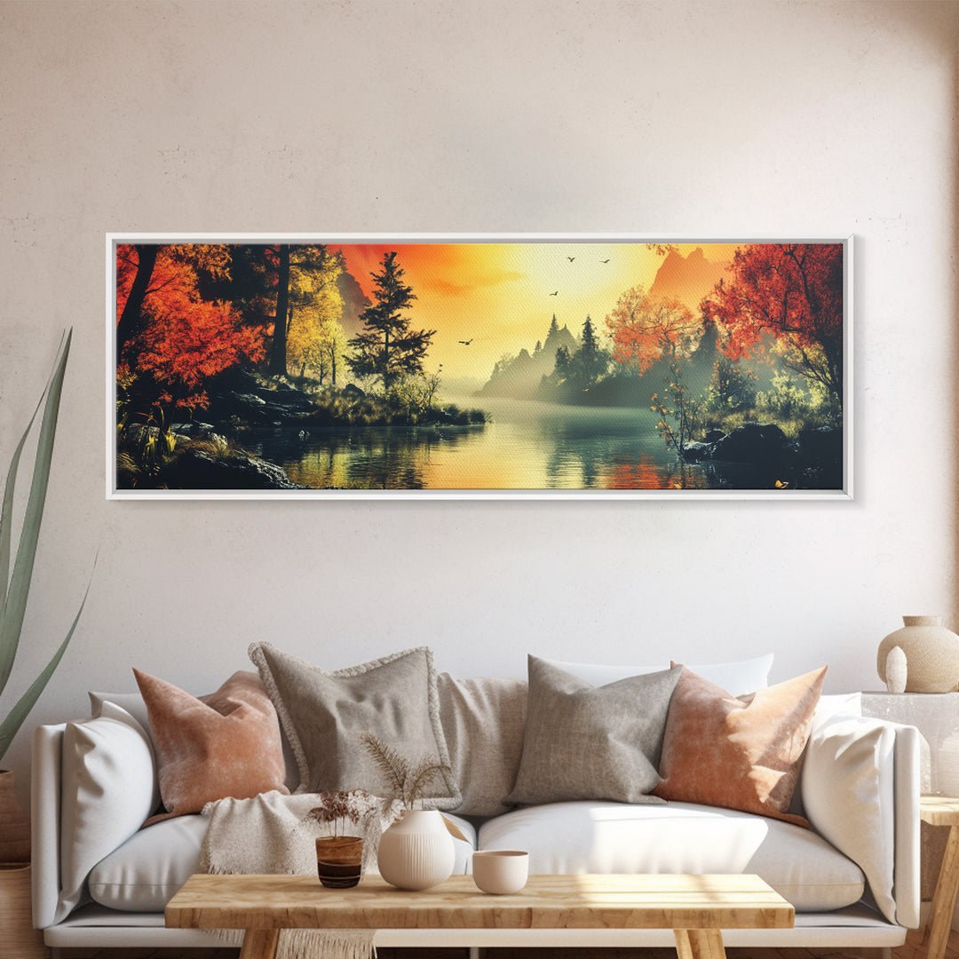 Dark and Moody Landscape, Sunset in the Valley, Framed Canvas Print, Original Artwork Gift Idea, Horizontal Print, Above Sofa, Lake House Decor, Lake Art