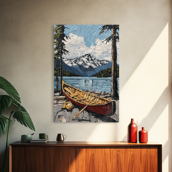 Canoe in the Mountains Framed Canvas Print, Abstract Pacific Northwest Oil Painting Print, Oregon or Washington Wall Art