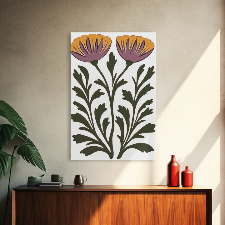 Abstract Botanical Wall Art, Framed Canvas Print, Purple Flowers on White Background