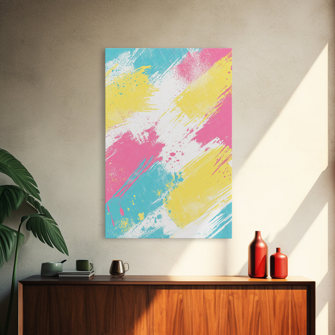 Brush Strokes On Canvas Print, Wood Framed Wall Art, Preppy Dorm Room Decor, Pink Turquoise and Yellow on White Background Wall Art