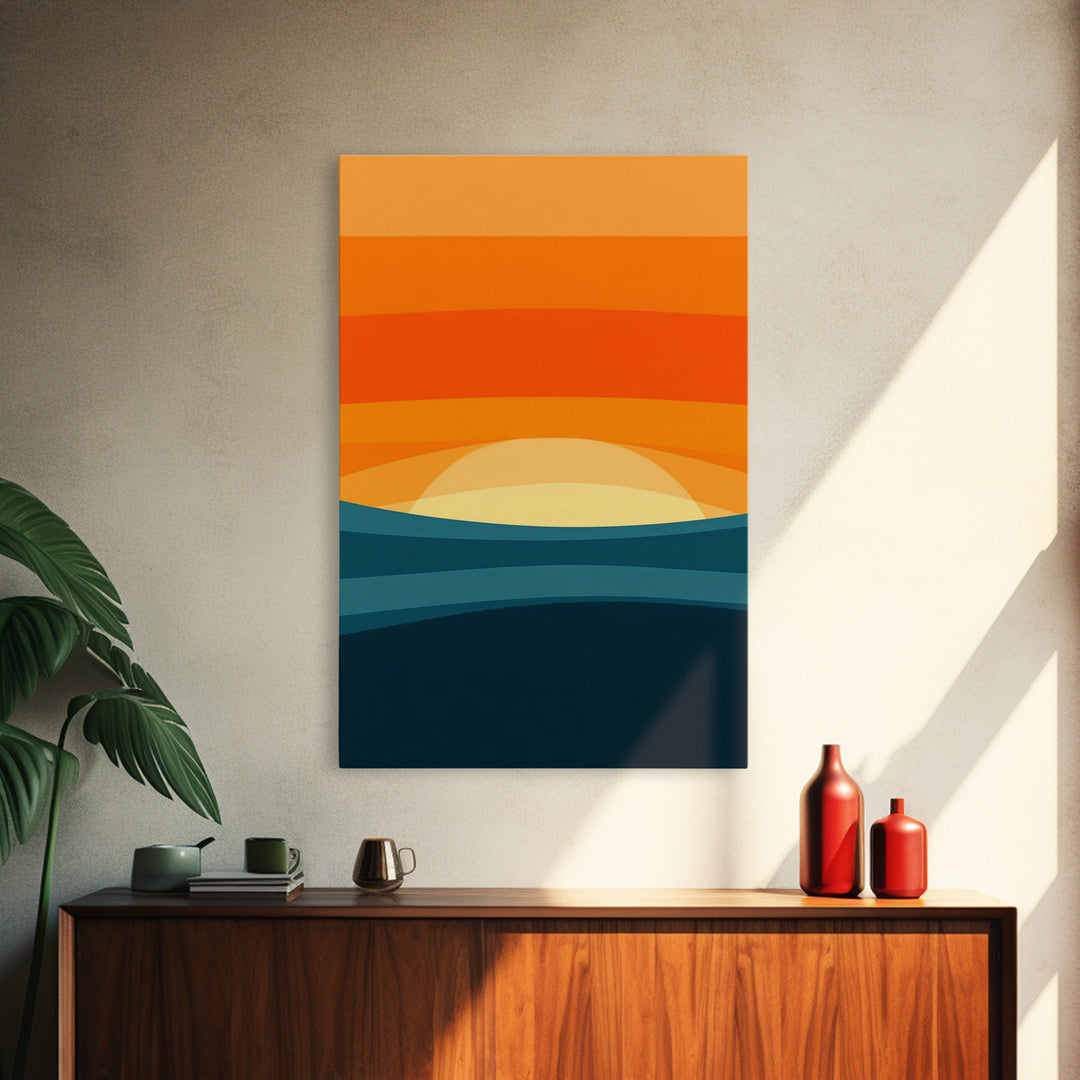 Art Deco Sunset Framed Canvas Print, MCM Style Wall Art Living Room Decor, Abstract Modern Art