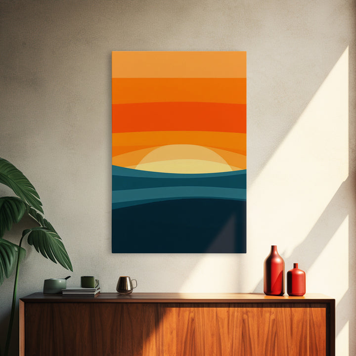 Art Deco Sunset Framed Canvas Print, MCM Style Wall Art Living Room Decor, Abstract Modern Art