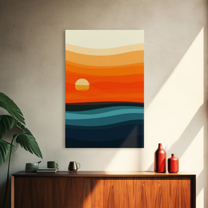Abstract Sunset Over The Ocean Art Deco Style Wall Art Canvas Print, Beautiful Wall Art, Vertical Living Room Decor
