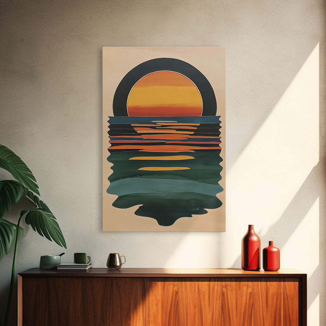 Art Deco Sunset Over The Ocean, Minimalist Home Decor Canvas Print, Emerald Green Ocean With Sunrise, Boho Art