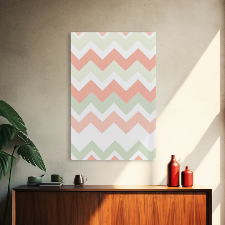 Pink and Mint Green Chevrons, MCM style Mid Century Modern Home Decor, Framed Canvas Print, Whimsical Wall Art