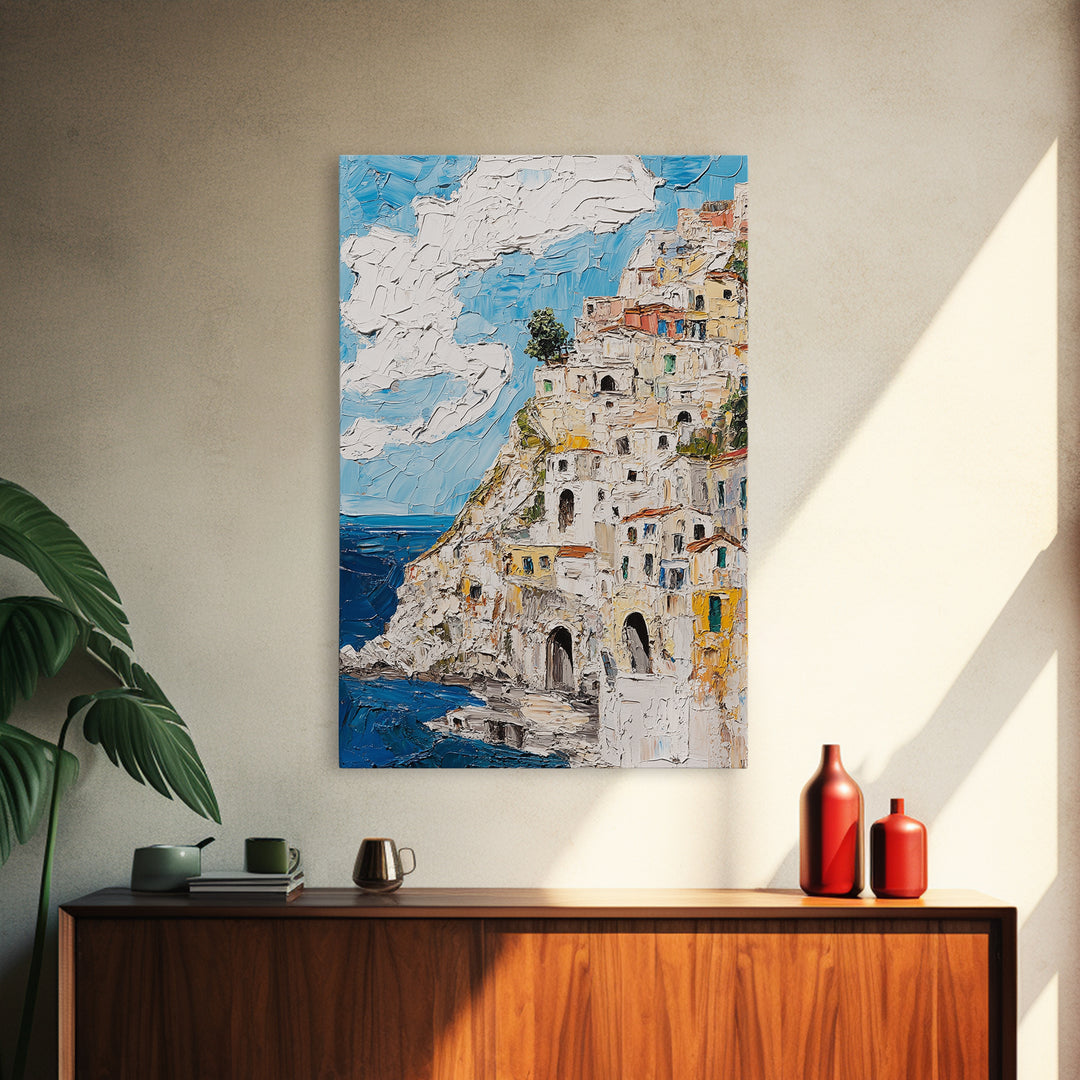 Boho Style Minimalist Wall Art - Italian Seaside Village Canvas Print - Retro Vacation Decor, Vacation Gift Idea