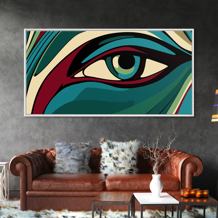 Abstract Painting of a Human Eye Framed Canvas Print, Retro Art Deco Style Art, Eclectic Decor, Kitsch Wall Art
