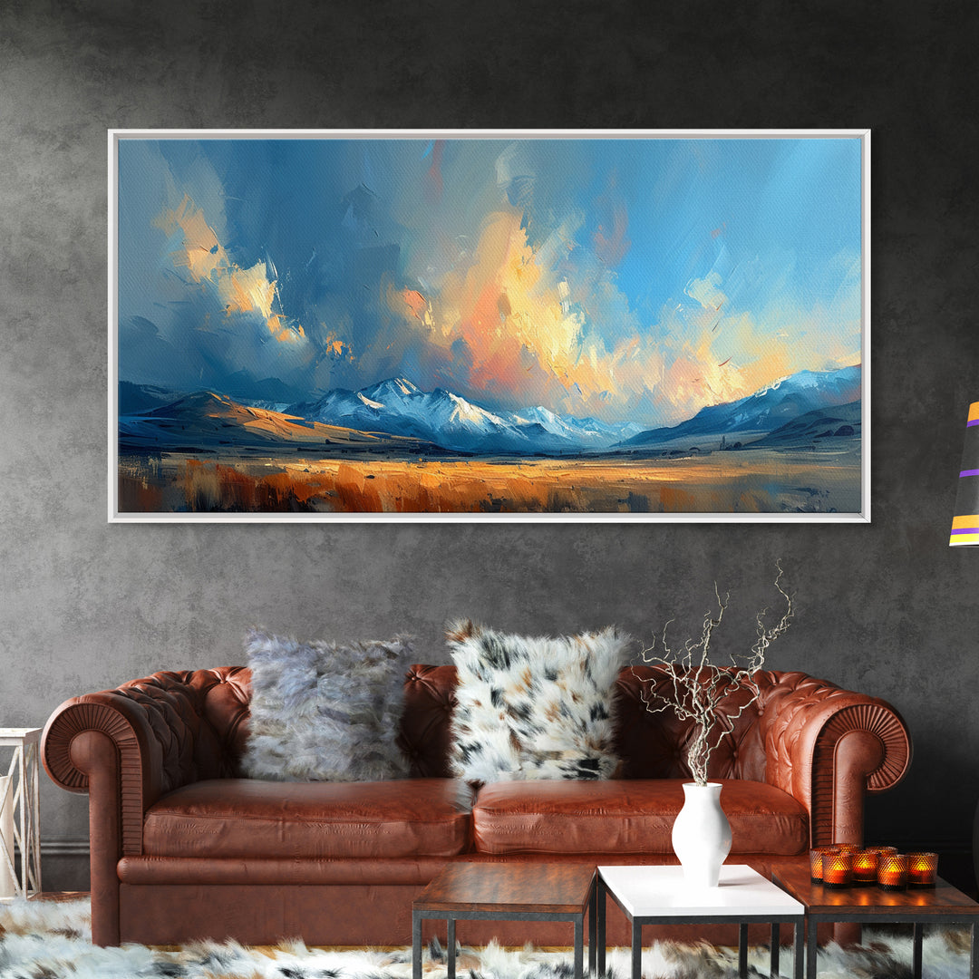 Panoramic Mountain Landscape Painting Print, Oil Painting Of Wyoming Mountains, Antique Style Art Print, Walnut Frame Art