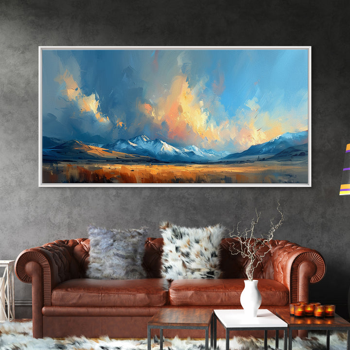 Panoramic Mountain Landscape Painting Print, Oil Painting Of Wyoming Mountains, Antique Style Art Print, Walnut Frame Art
