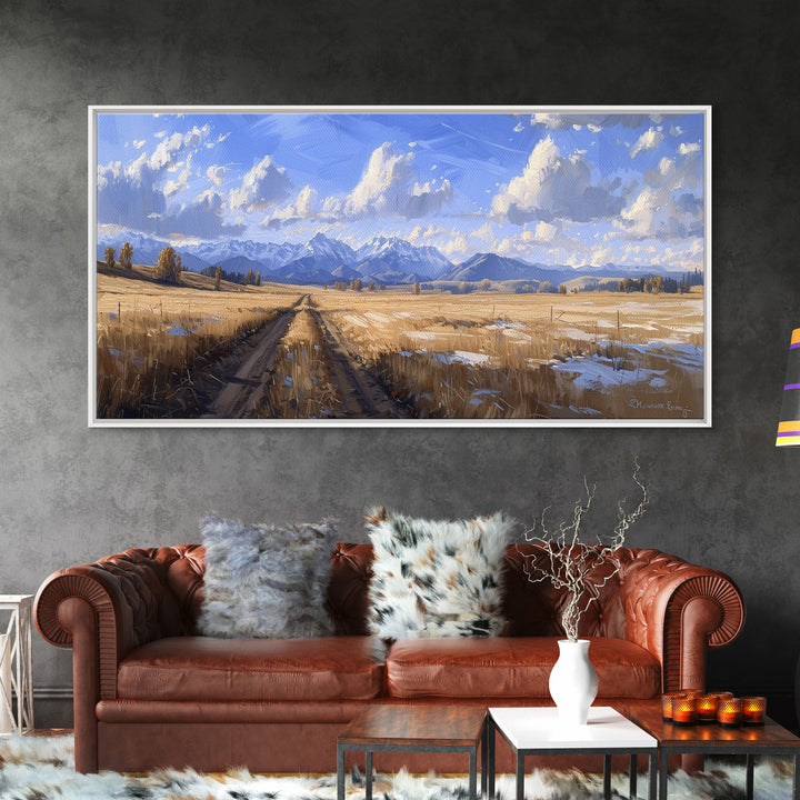 Dirt Roads of Wyoming Framed Canvas Print, Oil Painting Print, Panoramic Extra Wide Large Format Living Room Wall Decor