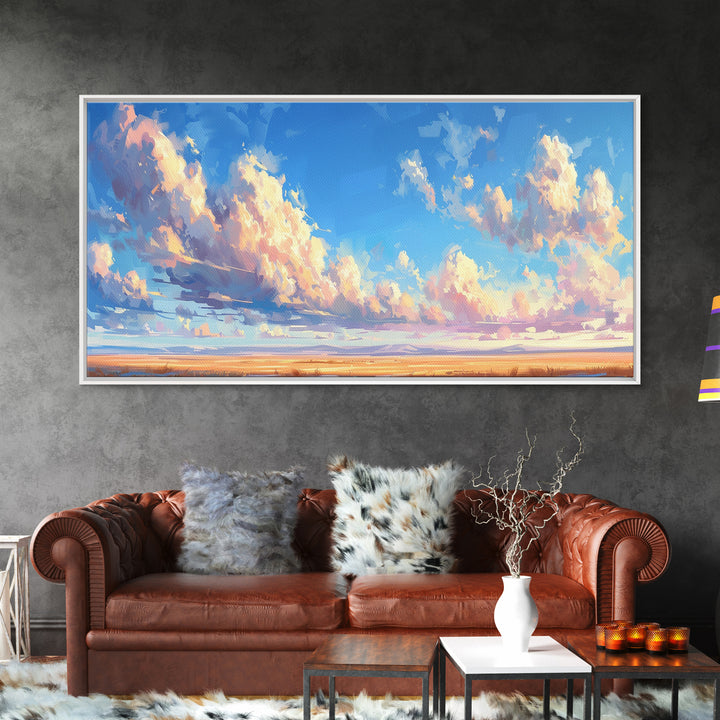 Panoramic Oil Painting Print of A Cloudy Sky Framed Canvas Print, Boho Minimalist Home Decor, Guest Room Wall Art