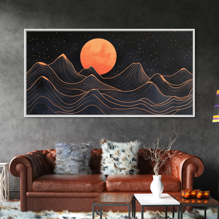 Art Deco Style Abstract Art, Orange Blood Moon Over Mountain Landscape, Retro Home Decor