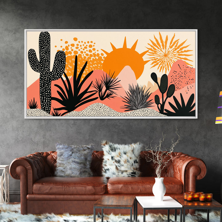 Abstract Southwest Style Wall Art Framed Canvas Print, Cactus and Desert Sunset