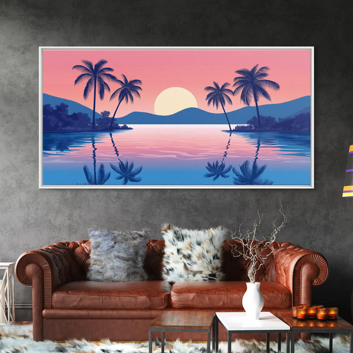Abstract Vaporwave Sunset Over A Beach Landscape, Framed Canvas Print, Modern Art, Unique Wall Decor, Framed Canvas Art