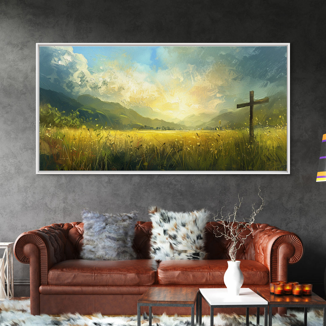 Cross In a Field Of Grass Framed Canvas Print, Christian Wall Art, Landscape Painting, Faith Decor, Cross Painting