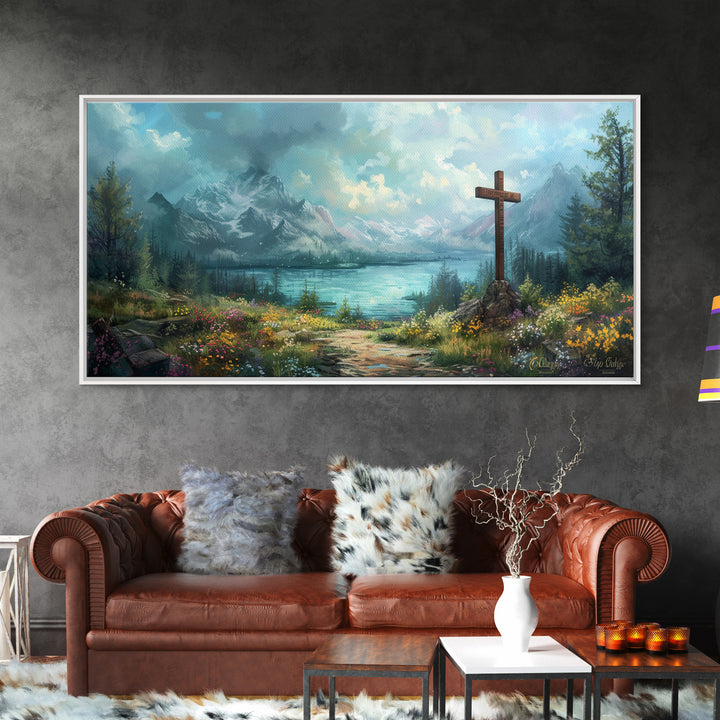 Cross In The Mountains Framed Canvas Print, Christian Faith Wall Art, Beautiful Landscape Painting
