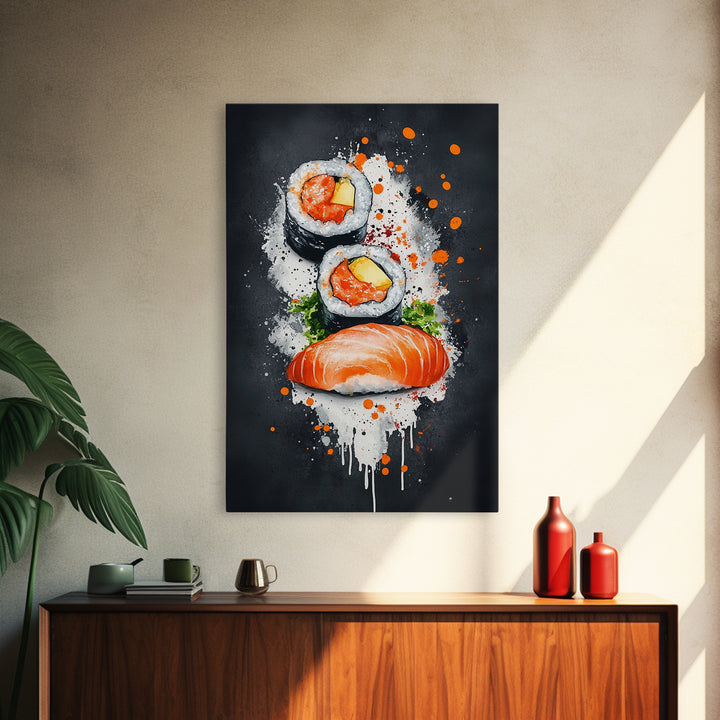 Abstract Oil Painting Canvas Print of Sushi on Black background, Food Review Kitchen Art, Kitchen Decor, Wabi Sabi Wall Art, Sushi Painting