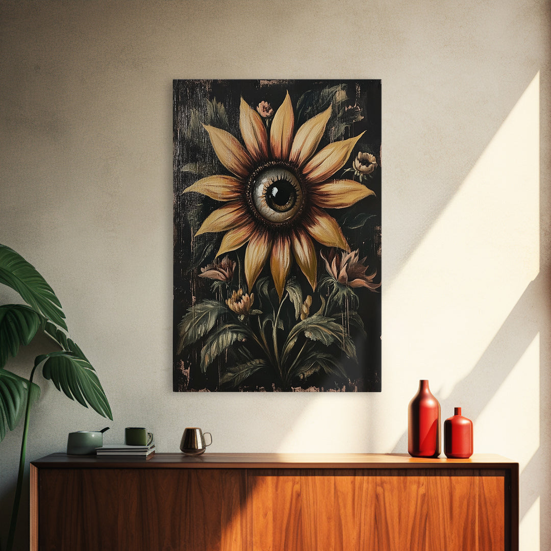 Cyclops Sunflower Framed Canvas Print - Spooky Home Decor - Halloween Wall Art - Dark Academia Macabre Wall Art Goth Botanical Art