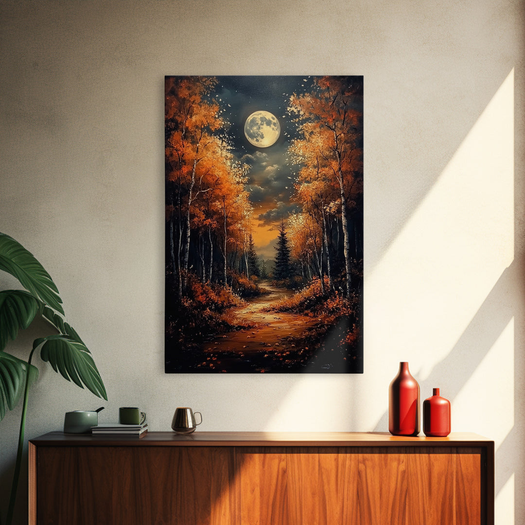 Full Moon Over a Haunted Forest, Framed Canvas Print, Wood Framed Wall Art, Dark Academia Witchy Decor