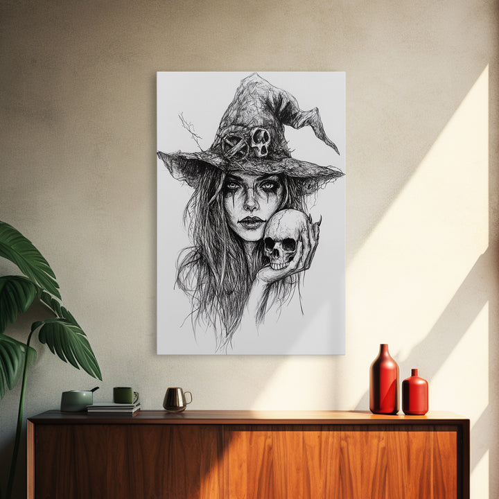 Charcoal Sketch Portrait Of a Witch Canvas Print, Dark Academia Wall Art, Moody Decor, Macabre Home Decor, Witchy Wall Art, Halloween Art