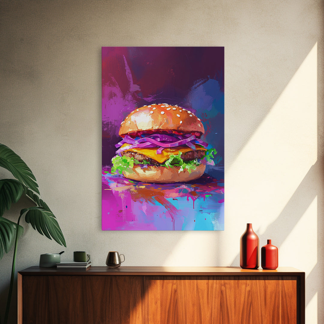 Cheeseburger Oil Painting Canvas Print, Hamburger Wall Art, Kitchen Painting, Kitchen Wall Art, Food Print, Restaurant Decor