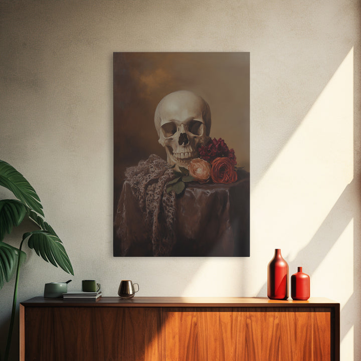 Dark Macabre Wall Art, Framed Canvas Print, Still Life Of a Skull and Roses, Dark Academia Decor, Halloween Art, Halloween Painting, Goth Art