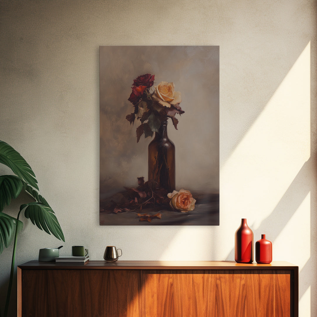 Roses in a Wine Bottle Oil Painting Print, Still Life of Roses, Rose Painting, Rose Art, Moody Decor, Subdued Art