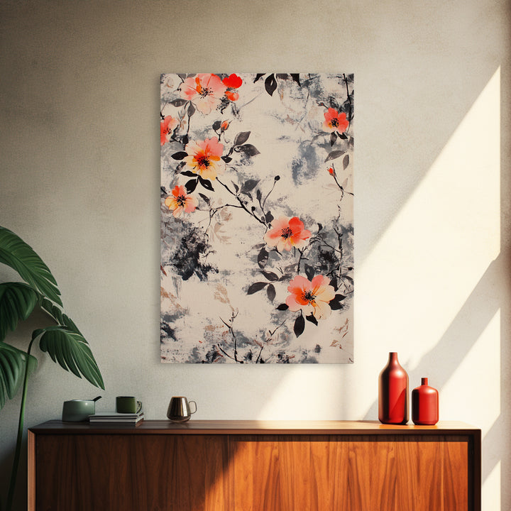 California Poppy Wall Art Framed Canvas Print, Wood Framed Art, Floral Pattern, Flower Painting Farmhouse Wall Art