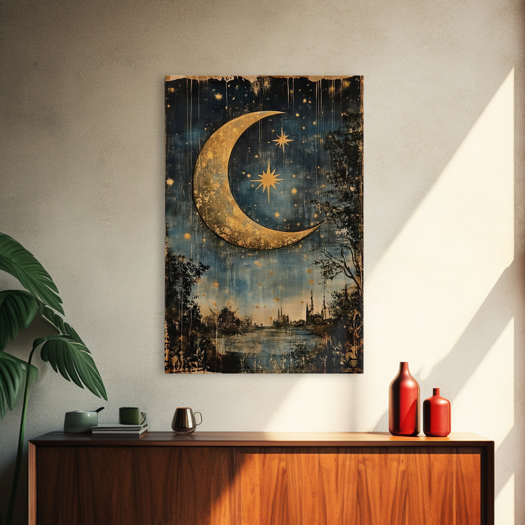 Crescent Moon in Starry Night Sky, Folk Art Framed Canvas Print, Boho Eclectic Decor, Minimalist Witchy Wall Art, Moody Decor