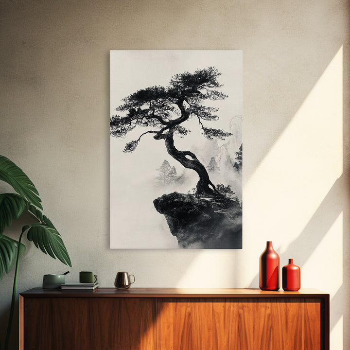 Bonzai Tree on a Cliff Wabi Sabi Painting Print, Wood Framed Wall Art, Bonzai Tree Art, Japanese Style Artwork