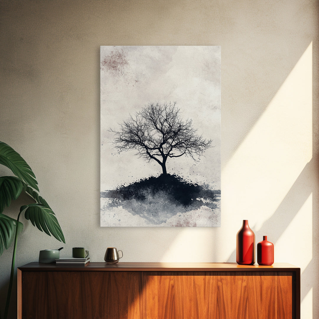 Black and White Charcoal Sketch Print of a Dead Tree, Framed Canvas Print, Wabi Sabi Art, Minimalist Wabi Sabi Home Decor