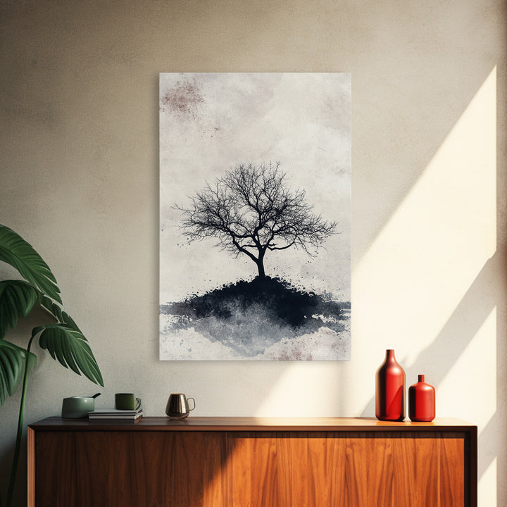 Black and White Charcoal Sketch Print of a Dead Tree, Framed Canvas Print, Wabi Sabi Art, Minimalist Wabi Sabi Home Decor