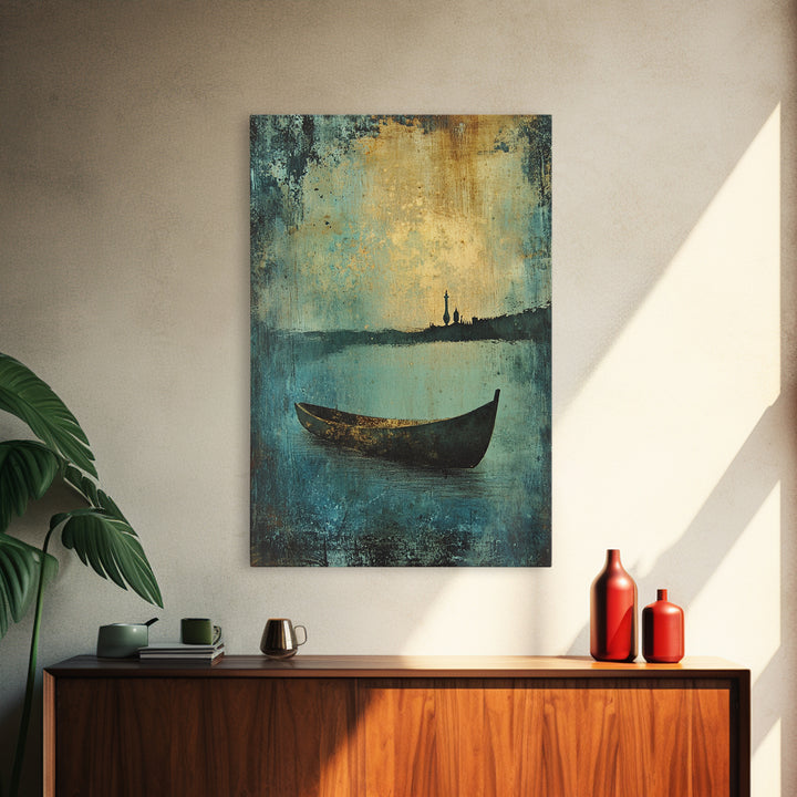 Canoe on the Lake Framed Canvas Print, Nautical Decor, Lakehouse Art, Abstract Lakehouse Painting, Lake Decor