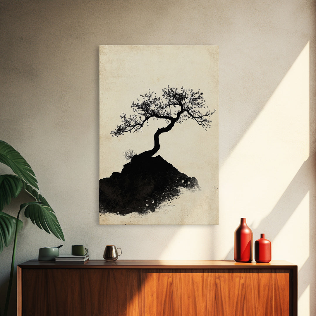 Black and White Charcoal Sketch Print of a Bonzai Tree, Framed Canvas Print, Wabi Sabi Art, Wabi Sabi Painting, Minimalist Home Decor