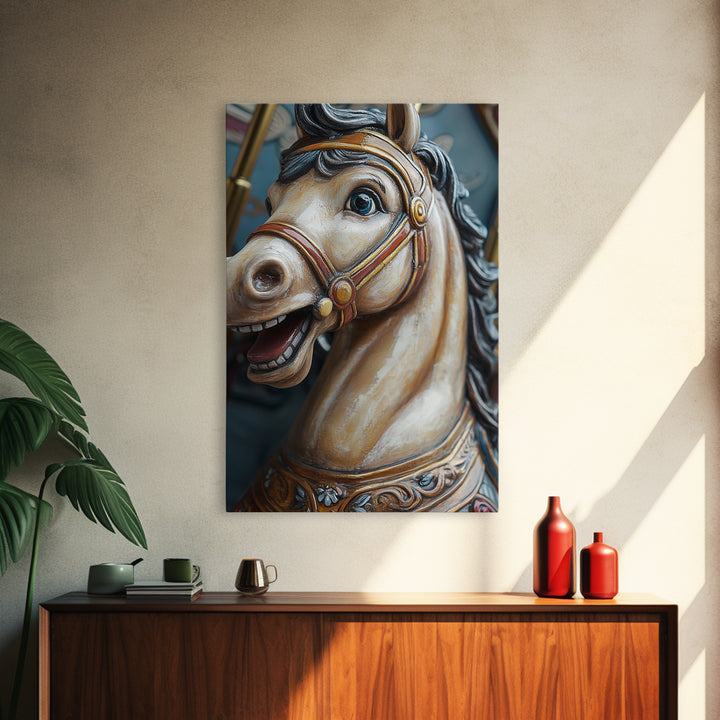 Creepy Carrousel Horse Framed Canvas Print, Nursery Decor, Wood Framed Wall Art Home Decor