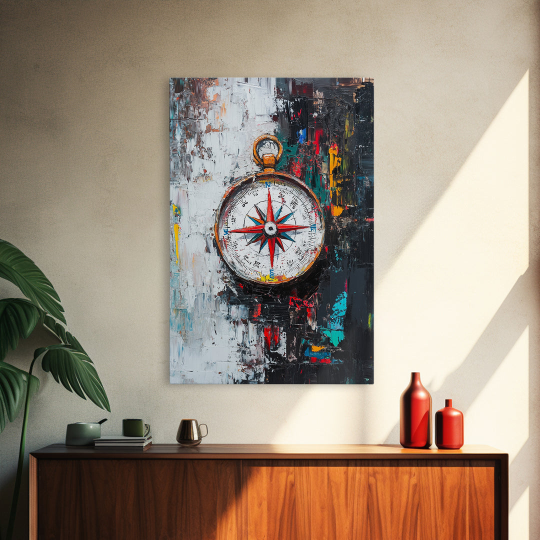 Compass Wall Art Framed Canvas Print, Travel Decor, Vacation Gift, Travel Gift, Home Decor, Compass Painting, Nautical Nursery Decor