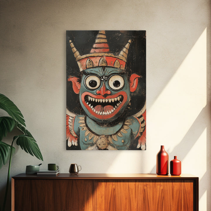 Creepy 19th Century Folk Art Framed Canvas Print, Spooky, Folk Art Painting, Russian Folk Art Home Decor